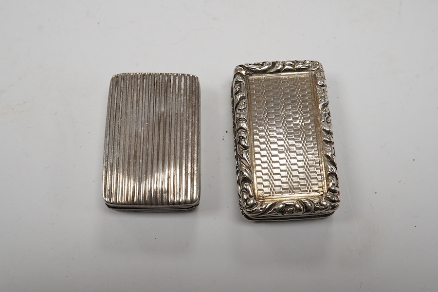 A George IV silver rectangular vinaigrette, John Thropp, Birmingham, 1824, 40mm (a.f.) and one other ribbed silver vinaigrette. Condition - poor